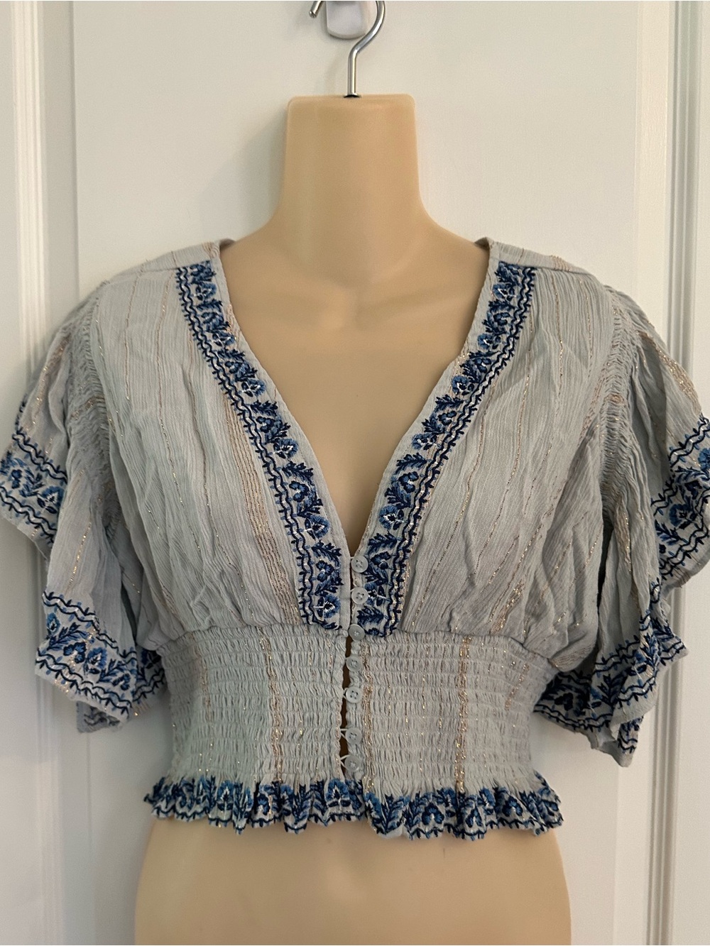 ANTHROPOLOGIE x MAHILA smocked waist embroidered crop top